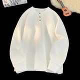 Spring NEW Mens Long Sleeve T Shirts Casual Round Neck Tees Button design White Black Undershirts Loose Fit Tshirts