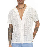 Men's Short-Sleeve Hollow-Out Lace Shirt Single Breasted Lapel Perspective  Shirt Top