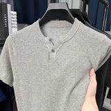 New Men Luxury Chinese O Collar T-Shirt Leisure Slim Button-down Solid Color Short Sleeve Tops Summer Breathable Basic Knitwear