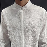 New Men Fashion Seersucker Shirts Long Sleeve Stand Collar Casual Drapped Solid Color Button-down Cardigan Japanese Style Tops