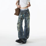 Jean Men Unique Design Graffiti Street Style Drag Jeans Urban Trendy Fashion Distressed Long Fit Casual Denim Pants Edgy Hip Hop
