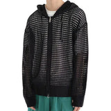 Fall Winter Men Cardigan Jacket Hip Hop Hollow Out Hooded Sweater Zipper Solid Color Cardigan Male Coat