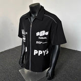 American Motorcycle Shirt Retro Short-sleeved Lapel Tee Men's Summer Lapel Trendy Handsome Loose Zipper Decorative Half-sleeved