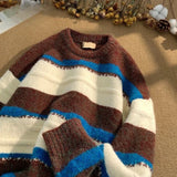 Vintage Striped Sweater Men's Book Winter Contrasting Lazy O-neck Knitted Sweater Youth American Base Pullover Men Clothing