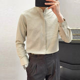 New Men Fashion Seersucker Shirts Long Sleeve Stand Collar Casual Drapped Solid Color Button-down Cardigan Japanese Style Tops