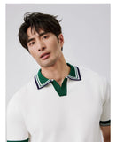 New Japanese Trendy Men Polo Shirt Light Luxury Slim-fit V Neck T-shirt Leisure Patchwork Short Sleeve Tops Retro Knitwear M-3XL