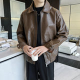 New Autumn Men's Casual Textured PU Leather Jacket High Street Zip-up Turn-down Collar Solid Color Long Sleeve Retro Coats M-3XL