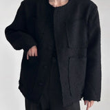 Mens Solid Color High-End Jacket Autumn And Winter New Style Raw Edge Design Collarless Loose Top Korean Style Trendy Jacket