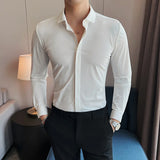 High Elastic Men Shirts Long Sleeve New Anti-wrinkle Soft Solid Color Casual Slim Fit Formal Dress Camisas Top Men Clothing
