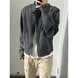 Punk Gray Denim Jacket Men's American Retro Heavy Industry Coat Metal Design Stand Collar Old Washed Short Spliced Street Jacket