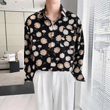 Summer Long Sleeved Shirt Men Fashion Society Mens Dress Shirt Korean Ice Silk Casual Shirt Mens Floral Shirts M-2XL