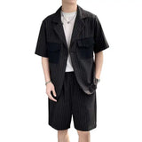 Summer Suit Men Fashion Society Mens Black Dress Set Korean Casual Short Sleeved Blazer Shorts Sets Man Stripe Formal Suit