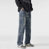 Spring new Men's Jeans Korean Fashion Elastic waist Straight Denim Pants  Washed Cotton Grid diagram Wide Leg Jean Trousers