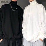 Turtle Neck Long Sleeve T-shirts Men Plus Velvet Warm Basic Solid Korean Style Loose CouplesTops Mens Clothes Streetwear Ins