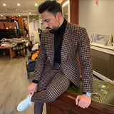Houndstooth Men's Slim Fit Suit 2-piece Set Winter Wool Blazer Pants Wedding Groom Tuxedo Men's Workwear Outfit