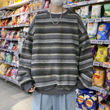 Retro Striped Sweatshirt Men's Spring/autumn Trendy Versatile Loose-fit Round Neck Top Hong Kong Style Unique Pullover Jacket