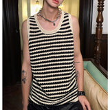 Summer New Niche Knitted Hollow Striped Vest Men Spaghetti Straps O-Neck Casual Loose Retro Couple Knit Sweater Vest