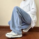 Men's Trendy Brand Loose Straight Leg Denim Pants Hip Hop Solid Color Casual Trousers Harajuku Male Bottoms