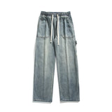 Autumn New Men's Fashion Jeans Patch Pockets Korean Wide Leg Loose Straight Trousers Drawstring Elastic Waist Pants Black Blue