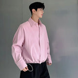 Korean Style Men's Shirts Casual Solid Color Long Sleeve Turn-down Collar Male Loose Tops Drawstring New Trend Spring