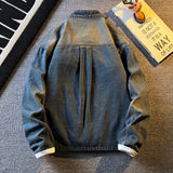 Spring Autumn Old Blue Loose Large Pocket Stand Collar Denim Jacket Men's Retro American High Street Zipper Jacket Top Urban