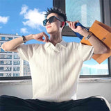 Summer Men's Ice Silk Striped Solid Color Polo Shirt V-Neck Short Sleeve Knitwear T-shirts New Luxury Casual Polos Homme