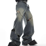 European hip-hop high street men and women trend deconstruction design straight leg jeans couple loose retro casual pants y2k