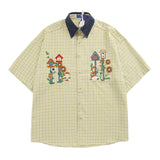 Summer Japanese Retro Patchwork Denim Collar Plaid Short Sleeved Embroidery Shirt for Men and Women Loose Design and Trendy Top