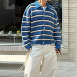 American Striped Cardigan Coat Light Luxury Knitted Lapel Long Sleeve Men Sweater Jackets Autumn Leisure Premium Knitwear M-3XL
