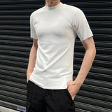 Sports Fitness Mens Slim Ribbed T Shirt Summer Casual Solid Color Knit T-shirts For Men Fashion Short Sleeve Mock Neck Tops