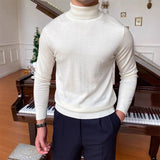 New Korean Fashion Men Sweater Light Luxury Trendy Turtleneck Knit Solid Color Pullover Leisure Retro Long Sleeve Basic Knitwear