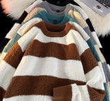 Striped Sweaters Men Fashion Loose Casual Autumn Winter Round Neck Panelled Couple Japanese Style Unisex Streetwear Knitting