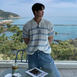 Men's Clothing Fashion Tops Light Luxury Korean Popular Knit Polo Shirt Leisure V Neck Short Sleeve Solid Color Striped Knitwear