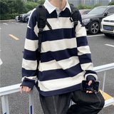 Spring Autumn Men's Long Sleeve Polo Shirt Loose Fit Stylish Brand Lapel Polo Top Versatile Stripe Patterned Men's Wear
