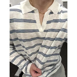New Japanese Striped Male Polo Shirt Trendy Loose V Neck Knitted Long Sleeve T-shirt Casual Lazy Sports Fitness Basic Tops M-3XL