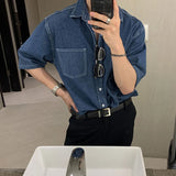 Summer Men's Clothing Luxury Denim Short-sleeved Pocket Shirt Leisure Button-down Korean Popular Streetwear Stylish