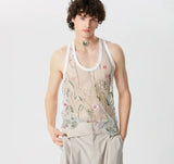 Men Tank Tops Mesh Embroidery O-neck Sleeveless Summer Male Vests Transparent Streetwear Fashion Men Clothing S-5XL