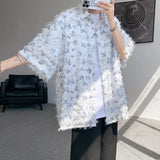 Summer Butterfly Tassel Splice Shirt Men Loose Casual Floral Short Sleeve Shirts Women Oversize Streetwear Boy Girl Blouses