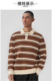 New American Trendy Men Polo Neck Sweater Light Luxury Striped Knit Long Sleeve Pullover Tops High Quality Loose Knitwear M-3XL
