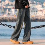 Men Straight Leg Jeans Washed Vintage Retro Patchwork Design Denim Pants Streetwear Classic Comfort Fit Distressed Style