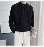 Korean Popular Men's Henry Collar Sweater Light Luxury Knit Long Sleeve Button Pullover Trending Jacquarded Solid Color Knitwear