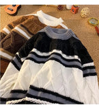 American autumn and winter street fashion personalized jacquard round neck pullover for couples loose retro color blocked knit