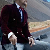 Burgundy Velvet Smoking Jacket for Men Slim Fit Double Breasted Casual Suit Blazer 1 Pcs Groom's Fashion Coat