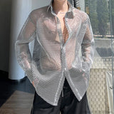 Transparent Mesh Shirt Hollow Out Jacket Personality Breathable Youth Fashion Long Sleeve Tops Men Lapel Party Clubwear