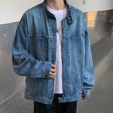 New High Street Men's Zip-up Denim Jackets Casual Washed Streetwear Stand Collar Texture Korean Harajuku Retro Long Sleeve Coats