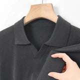 American Leisure Men Polo Shirt Luxury V Neck Knitted Solid Color Fitness Pullover Casual Slim Sports Long Sleeve Knitwear M-3XL