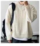 New American Retro Men Jacquarded Sweater Casual V Neck Solid Color Long Sleeve Knitwear Premium Quality Knitted Pullovers M-2XL