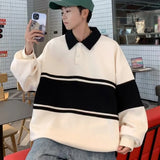 Contrast Color Sweatshirts Men All-match Loose Striped Fashion Turn-down Collar Comfortable Warm Daily Streetwear Chic Leisure