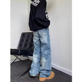 American hip-hop street style men and women trendy personality straight leg washed jeans loose retro micro flared casual pants