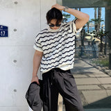 Summer Men's Clothing Luxury Striped O Neck Knitted T Shirt Retro Half-sleeved Korean Popular Knitwear Leisure Hollow Out Tees